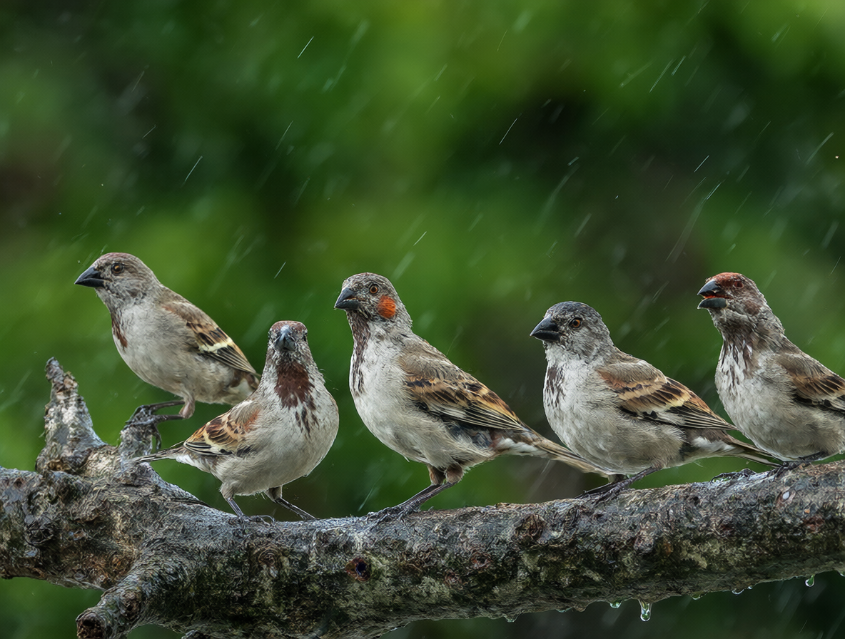 Vista de pájaros pequeños aguantando el agua fuerte sin cubrirse