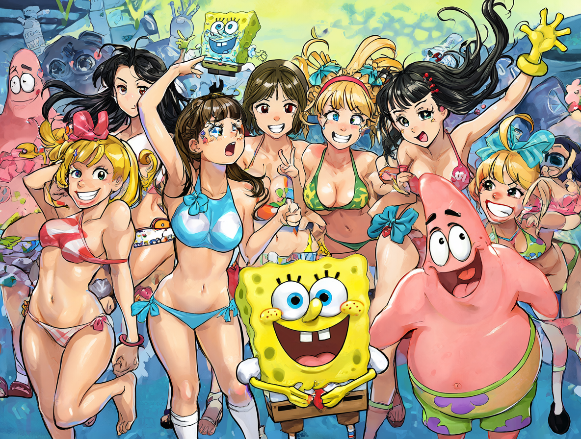 Ilustración vibrante de personajes en una fiesta de lanzamiento.