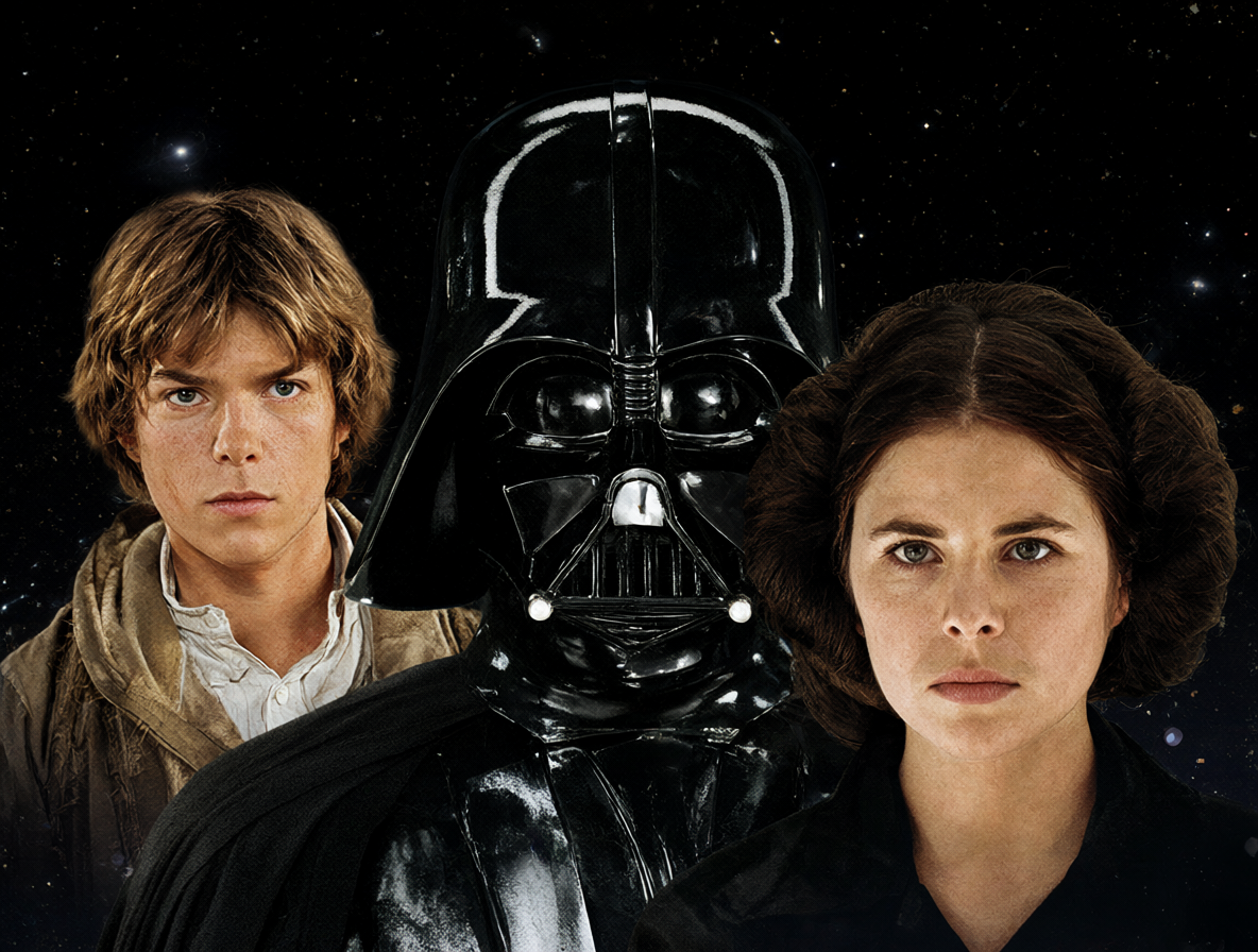 Ilustración con múltiples personajes de la saga Star Wars conectados por líneas de destino.