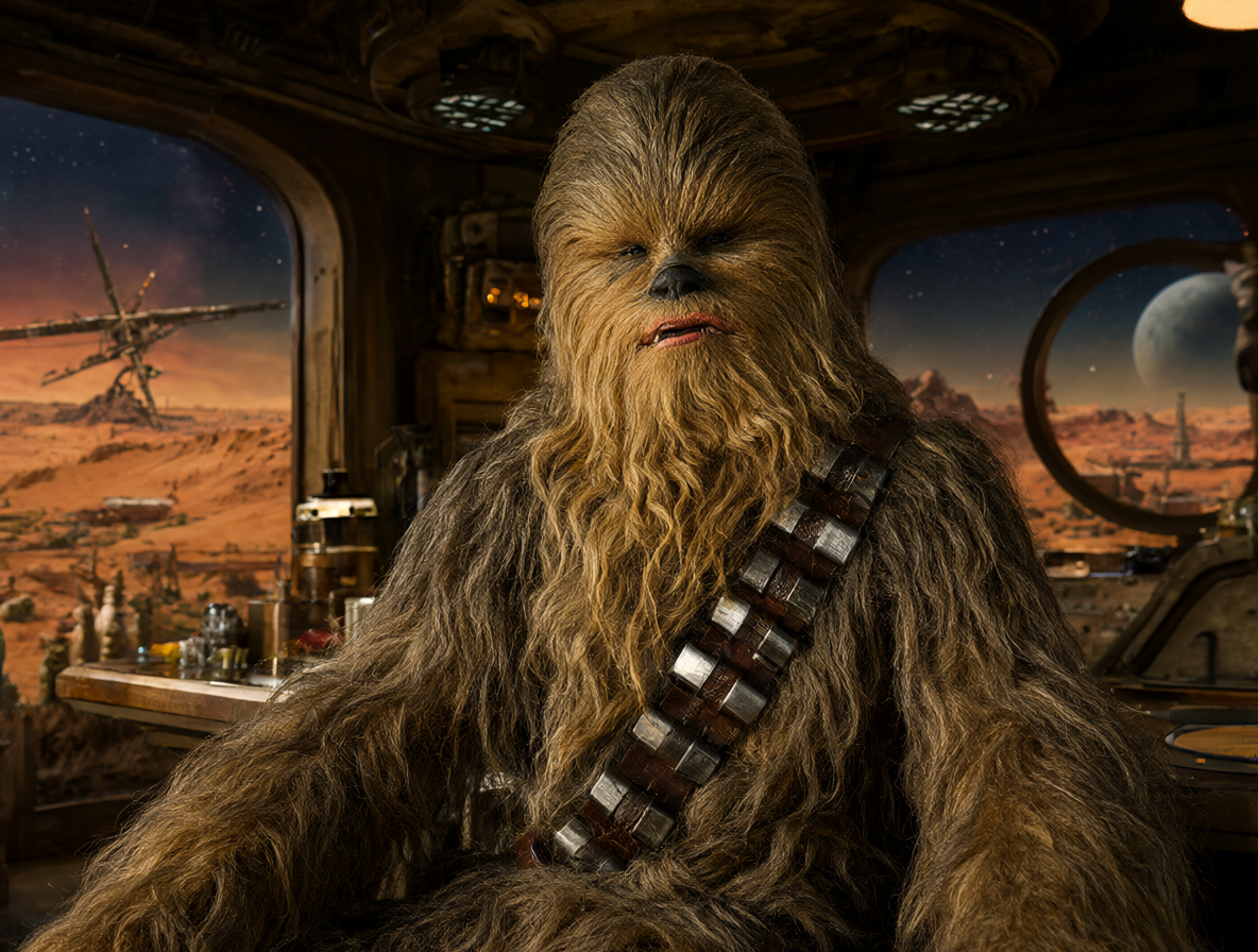 Wookiee Chewbacca sentado en una mesa en la cantina de Mos Eisley.