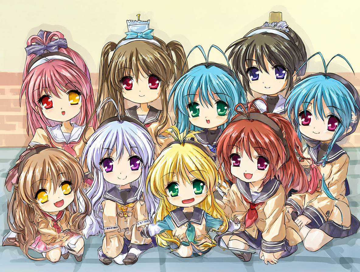 Ilustración chibi de personajes de Clannad y otras obras de Key