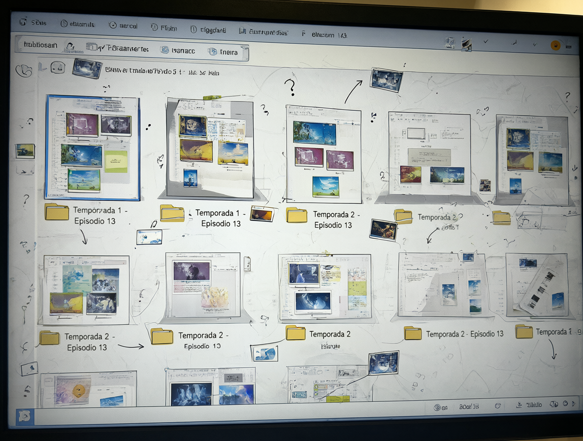 Pantalla de ordenador mostrando archivos de video mal etiquetados como episodios 13 en ambas temporadas.