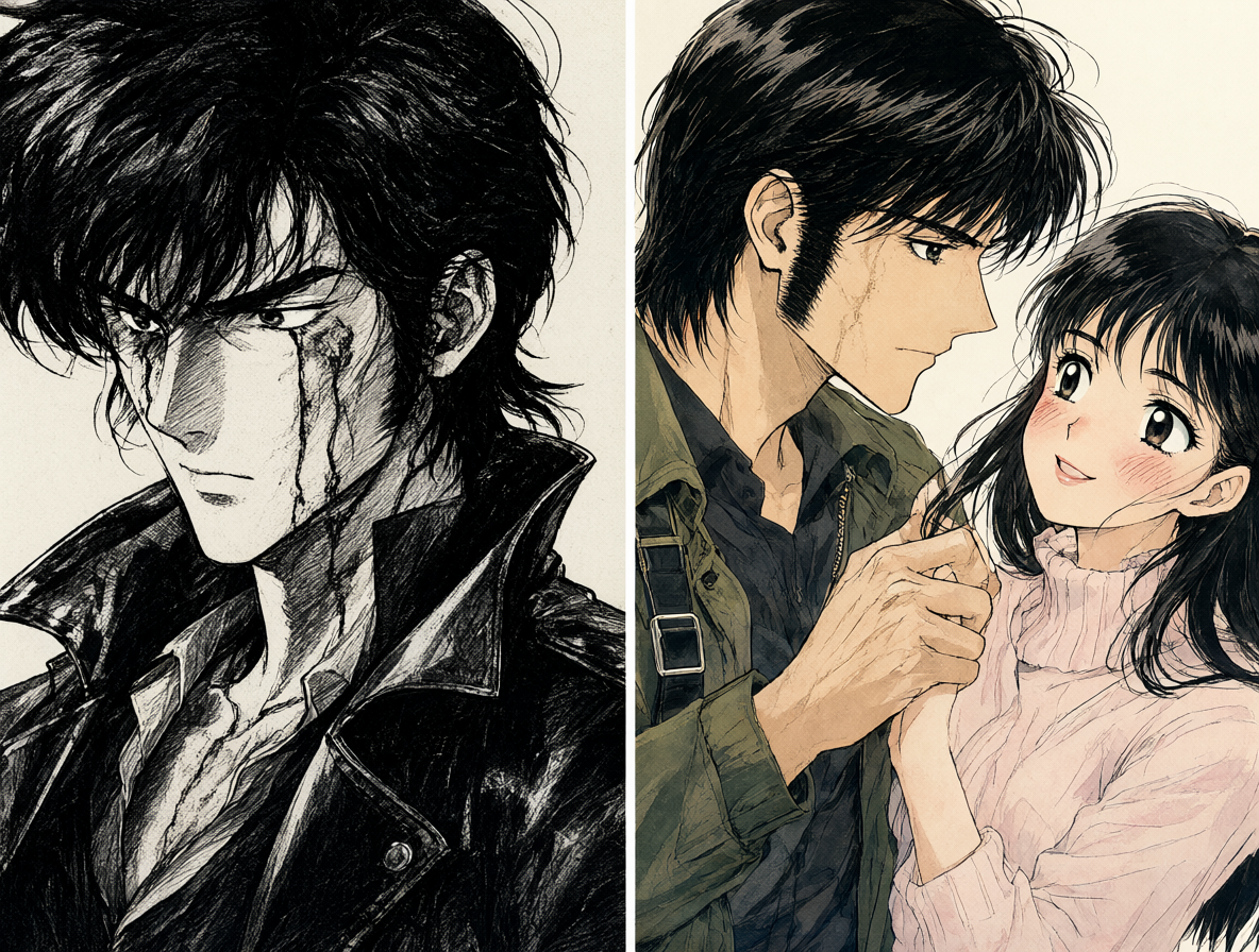 Comparativa visual entre el personaje icónico Golgo 13 y escenas románticas de Video Girl Ai, destacando sus legados como franquicias de larga duración.