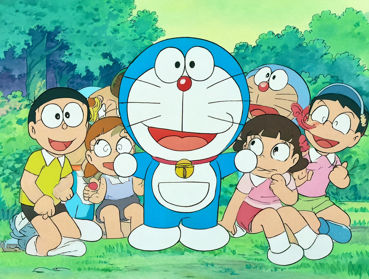 Personajes del anime clásico de Doraemon en una escena vibrante y colorida