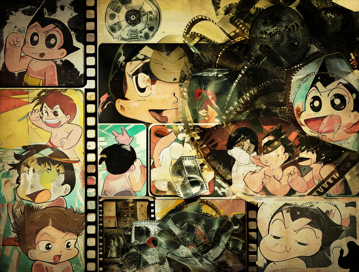 Collage de portadas de anime perdido con cinta de archivo en el fondo