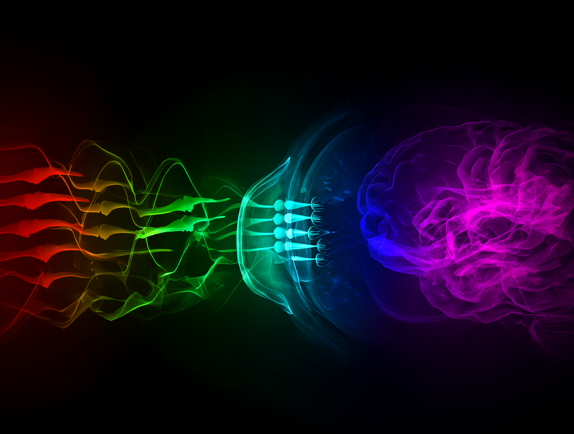 Visualización de la percepción del color magenta a través de los conos y el procesamiento cerebral.