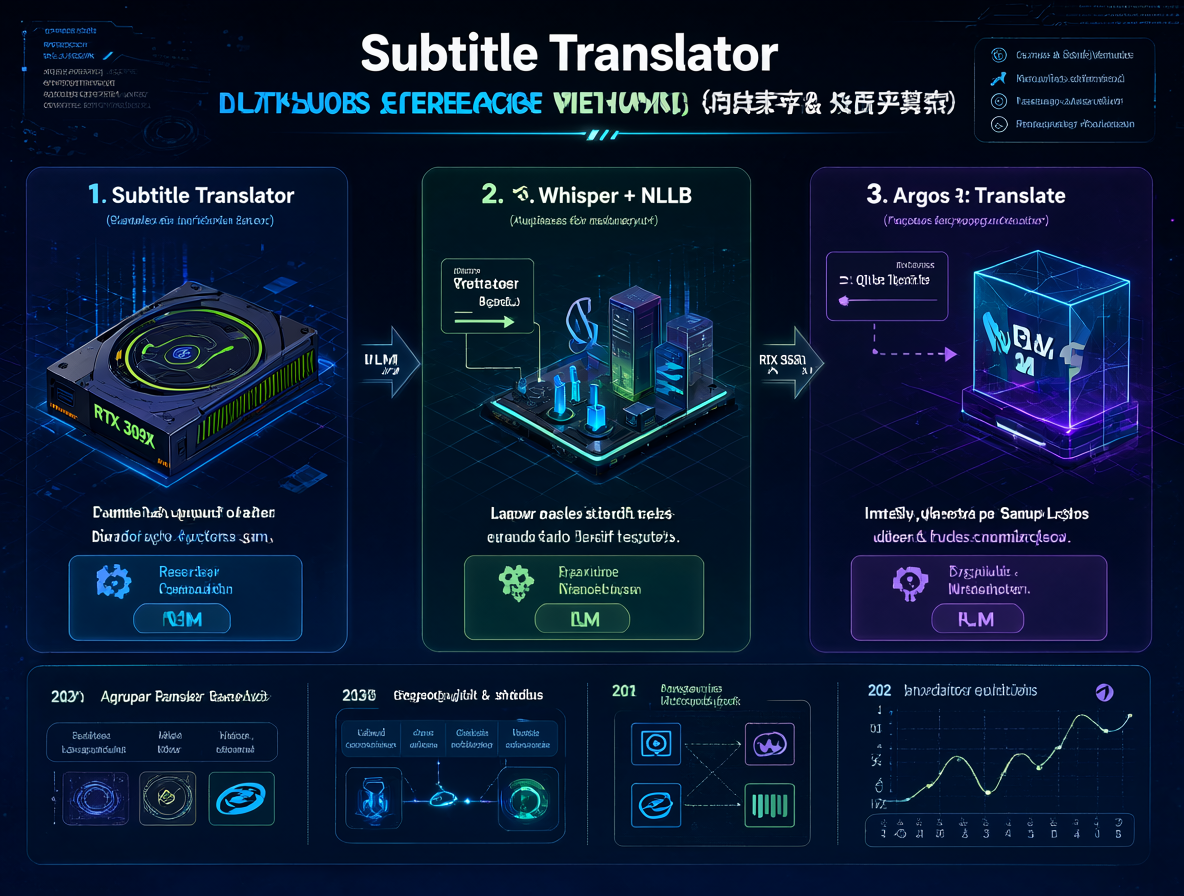Diagrama educativo mostrando diferentes métodos de traducción de subtítulos, incluyendo modelos LLMs, hardware recomendado y técnicas de agrupación de líneas.