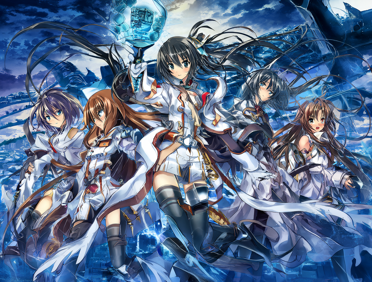 Ilustración de personajes de Muv-Luv Alternative en un entorno futurista.
