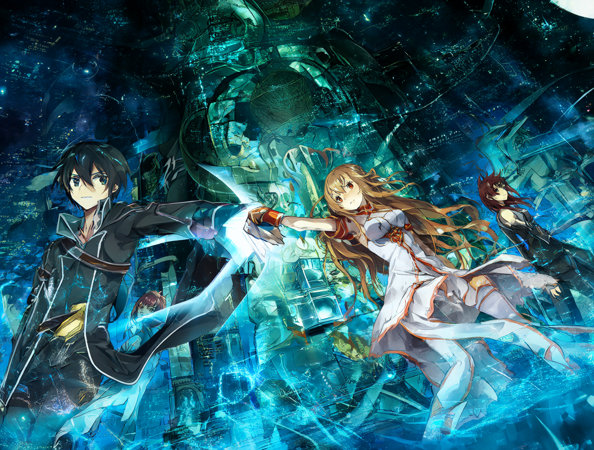 Kirito y Asuna en Aincrod con efectos digitales brillantes