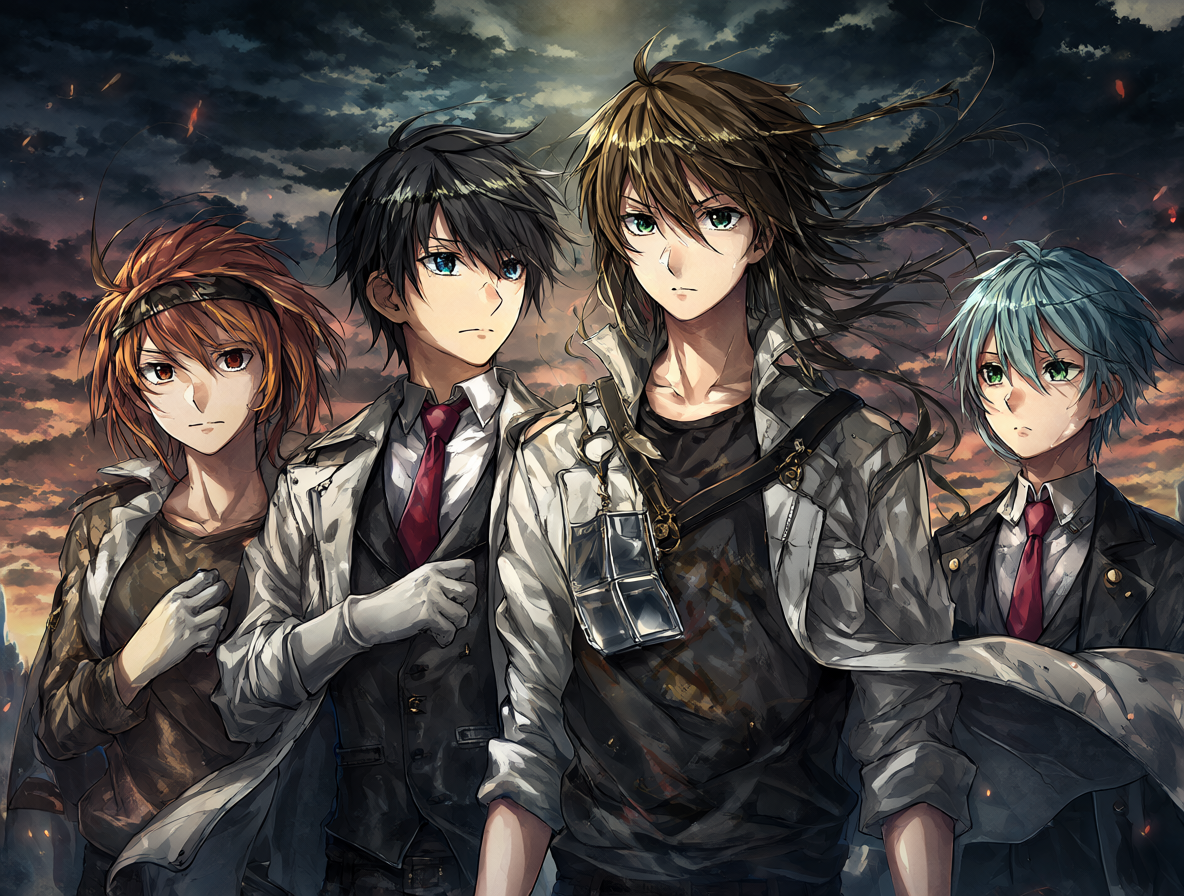 Ilustración de los personajes principales de la película en un estilo de arte anime de alta calidad.