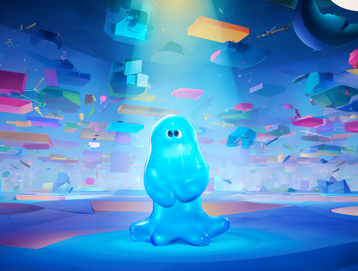 Render detallado de Jax, un personaje azul y amorfo, de pie en un entorno digital brillante con formas geométricas flotantes.