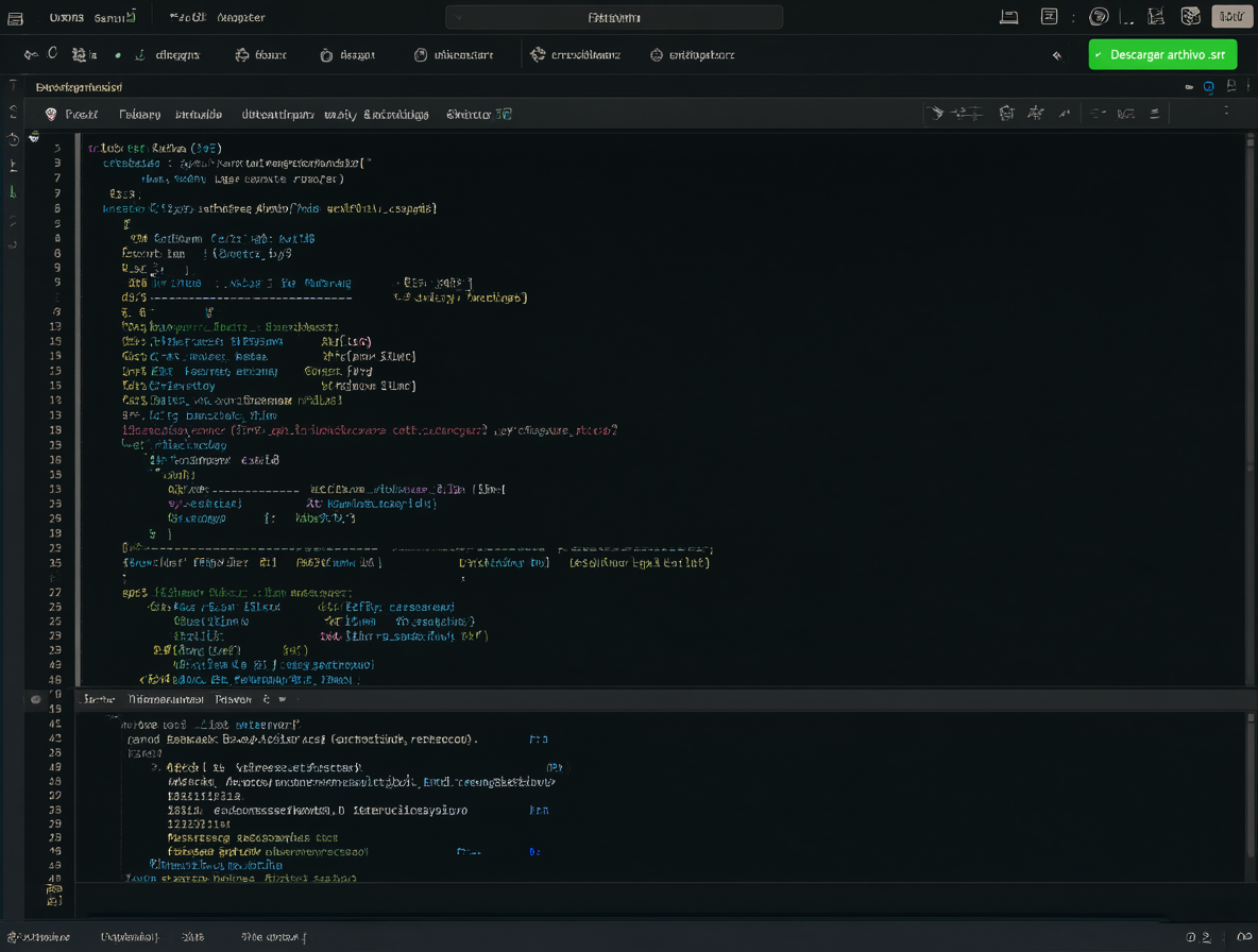 Editor de código mostrando un script de Python y un botón verde de descarga de archivo SRT.