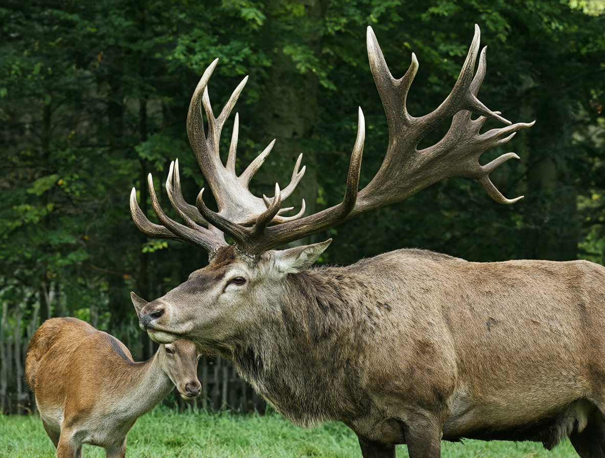 A detailed reconstruction of an Irish Elk displaying massive antlers compared to a modern deer