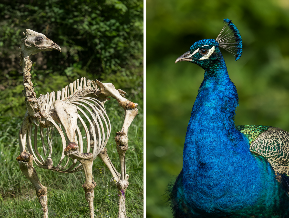 Comparison between an extinct megafauna skeleton and a living peacock