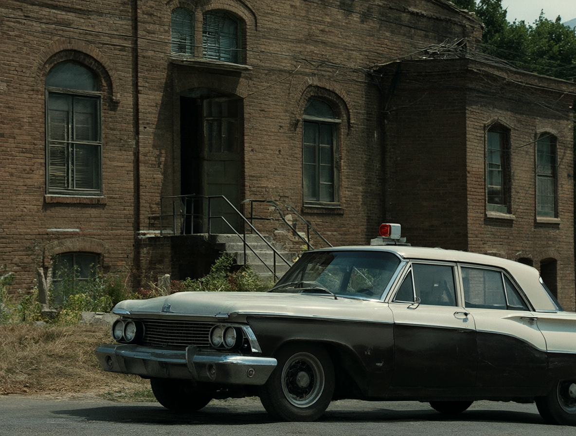 An old police car parked near a brick building representing the undercover mission.