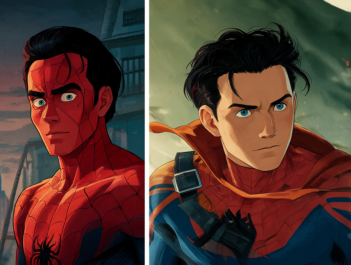 Ilustración comparativa del diseño de Peter Parker en la serie animada versus su versión del MCU.