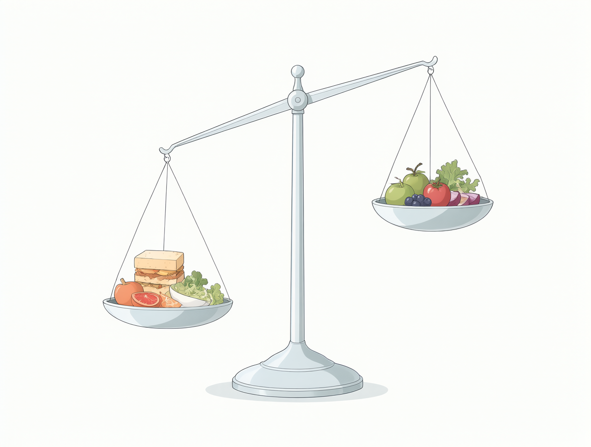 Infografía minimalista mostrando un déficit calórico diario y una balanza entre alimentación y ejercicio