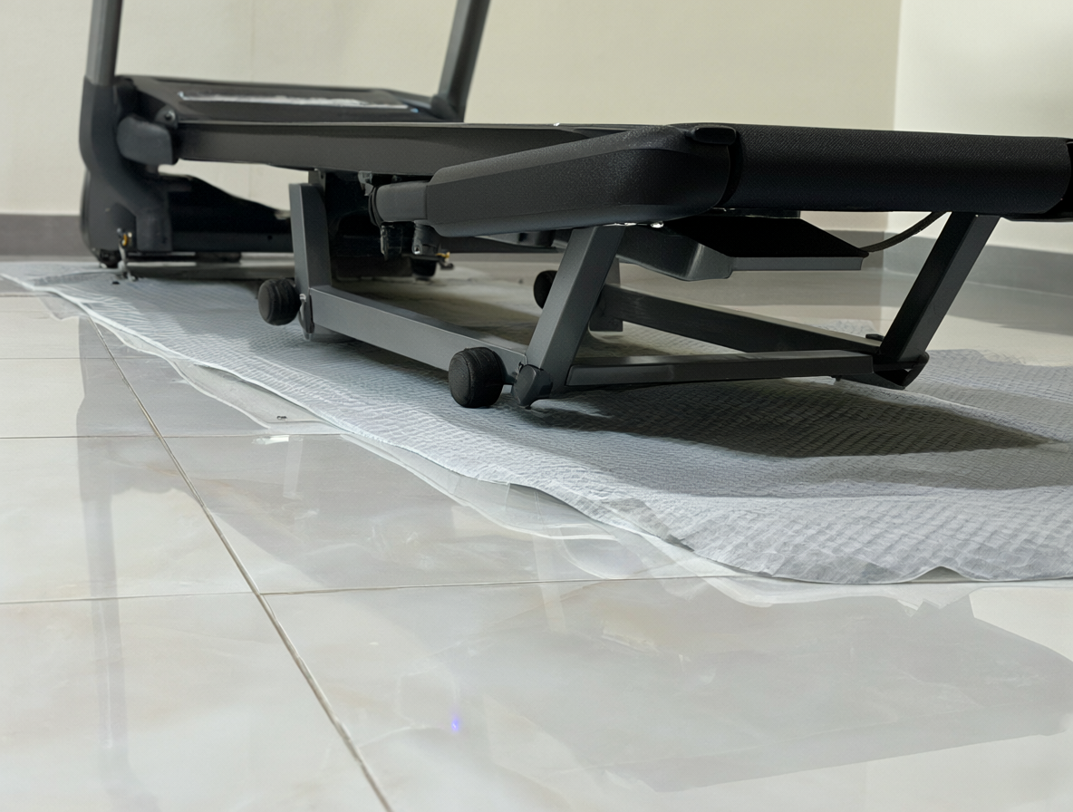 Alfombra de goma bajo la trotadora para reducir ruido en piso cerámico.