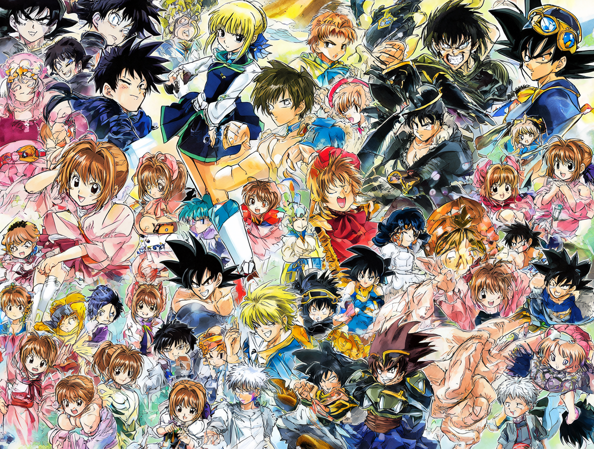 Collage vibrante con múltiples personajes de anime famosos apareciendo en obras distintas y peleando o interactuando entre sí.