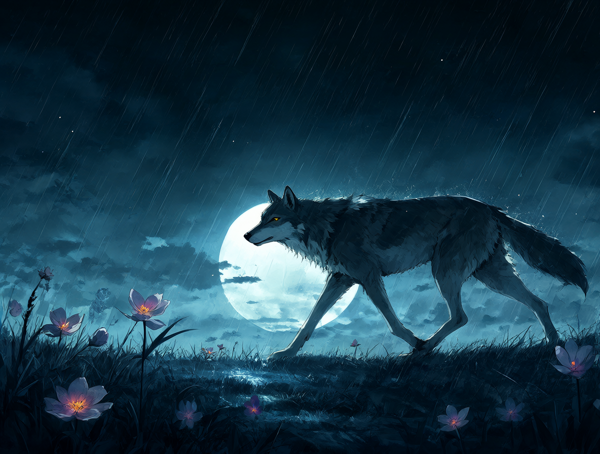 Un lobo corriendo por un paisaje oscuro bajo lluvia, iluminado por flores luminosas