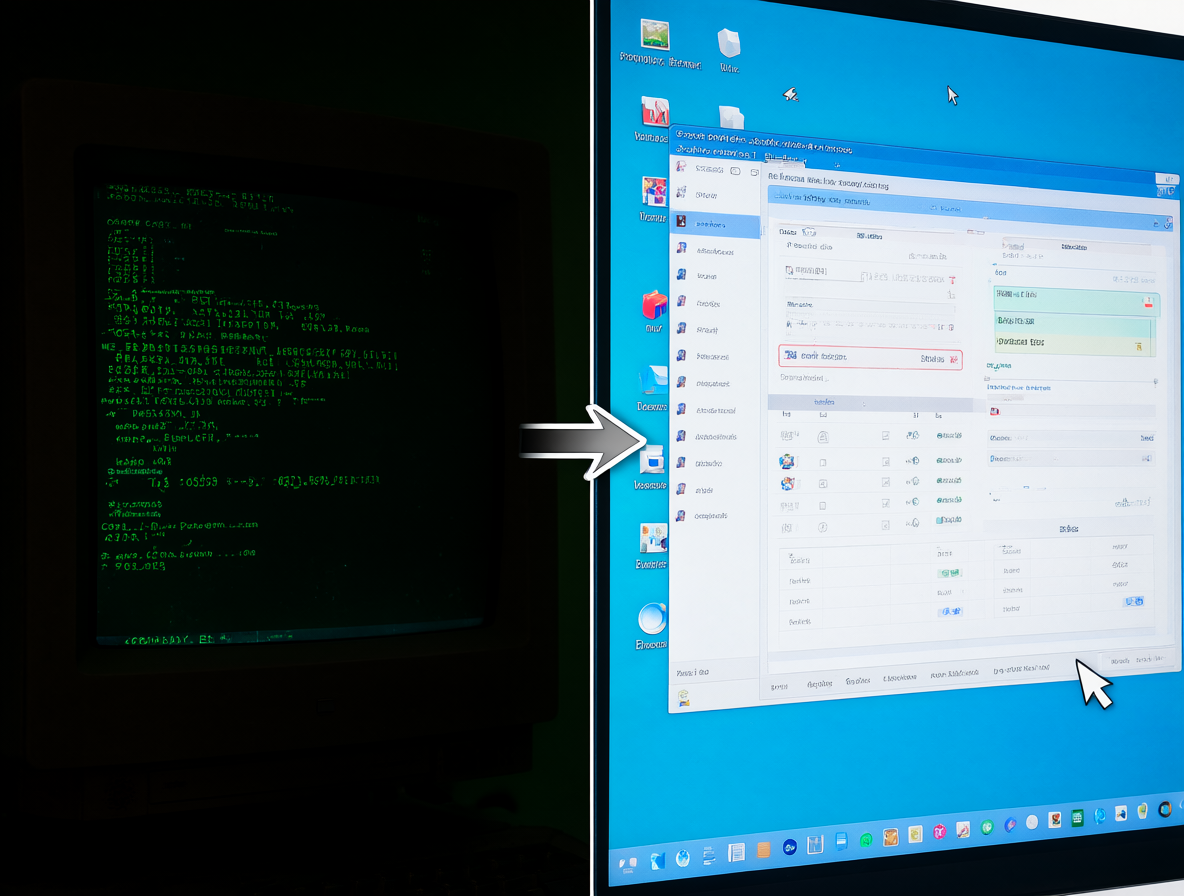 Comparación entre una pantalla de texto antigua y un sistema operativo moderno con ventanas e iconos.
