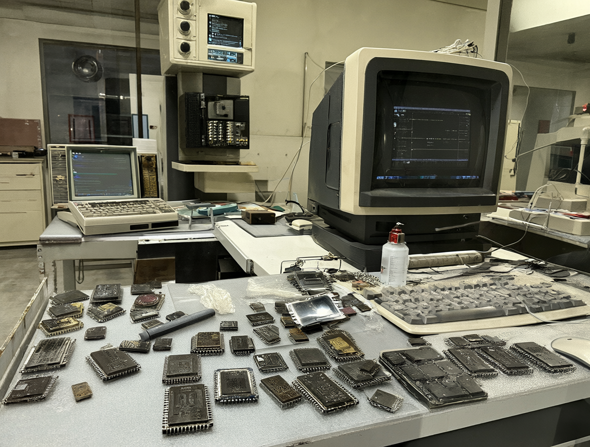 Ilustración del entorno de investigación de Xerox PARC con sus primeras computadoras y microprocesadores.