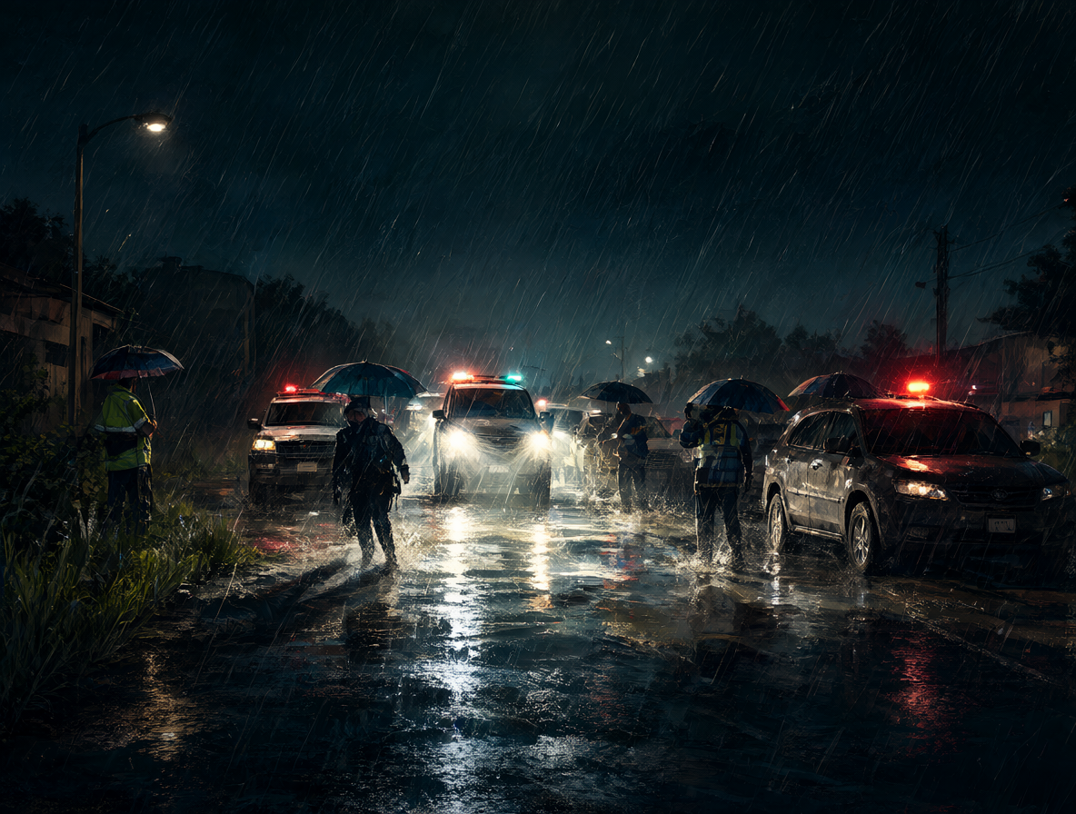 Ilustración de un operativo policial nocturno bajo la lluvia