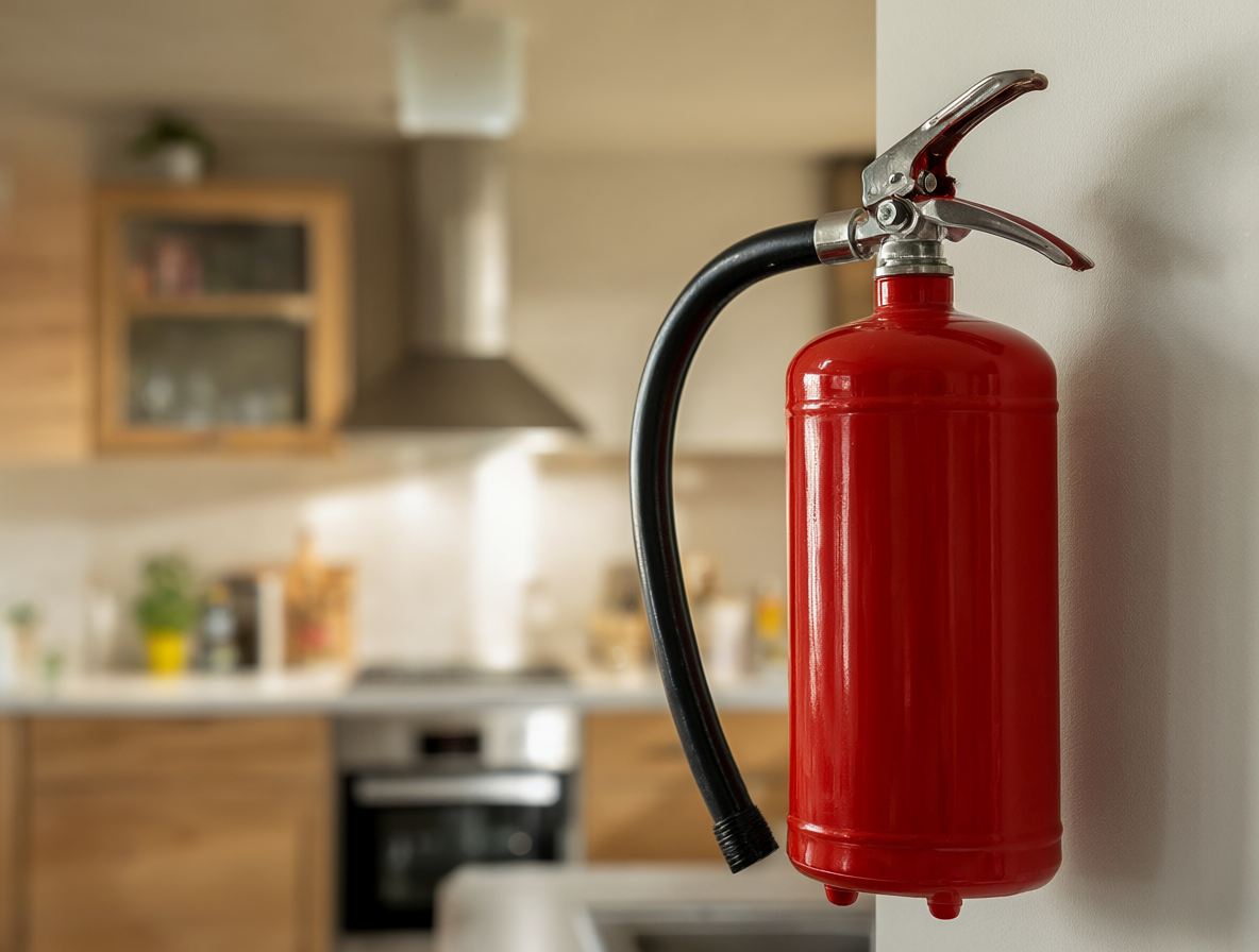 Extintor rojo en la pared de una cocina