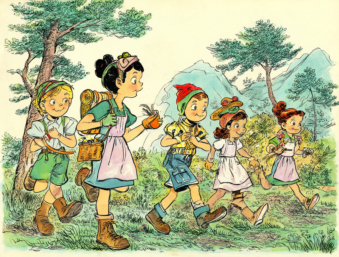 Ilustración vibrante de una página de cómic con Heidi y sus amigos en un paisaje al aire libre.