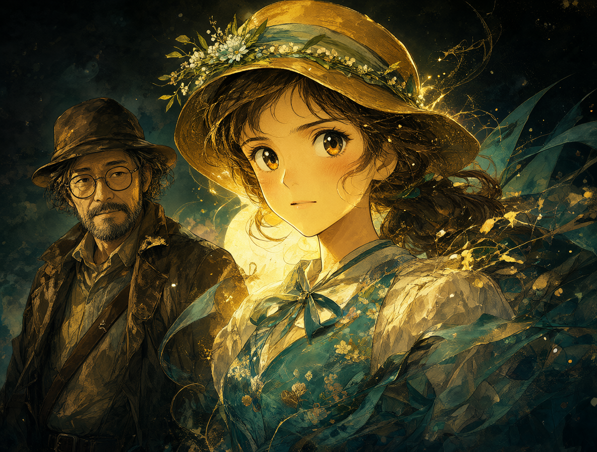 Retrato artístico de un animador famoso junto a una ilustración brillante del personaje principal.