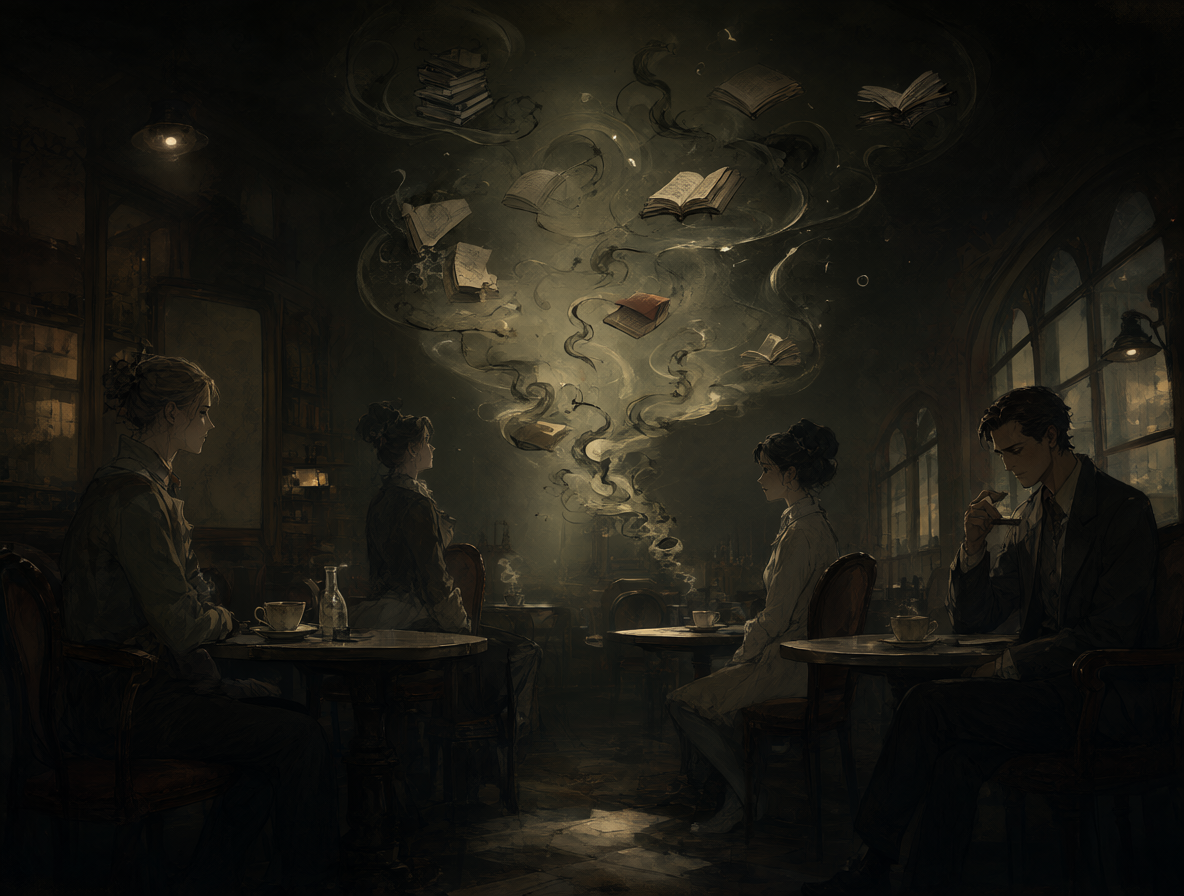 Ilustración atmosférica de un interior de cafetería vintage y oscuro, con símbolos filosóficos flotando para representar una conversación eterna.