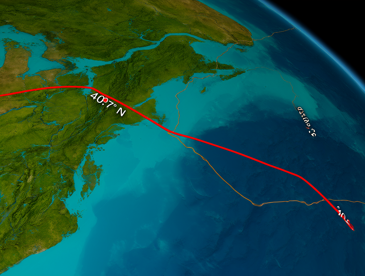Mapa mostrando la conexión entre Nueva York al norte y Osorno al sur a través del ecuador.