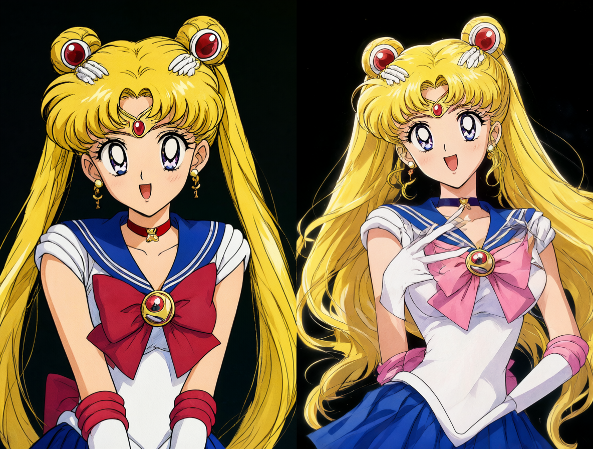 Ilustración dividida mostrando a Usagi de los 90 y la versión Crystal