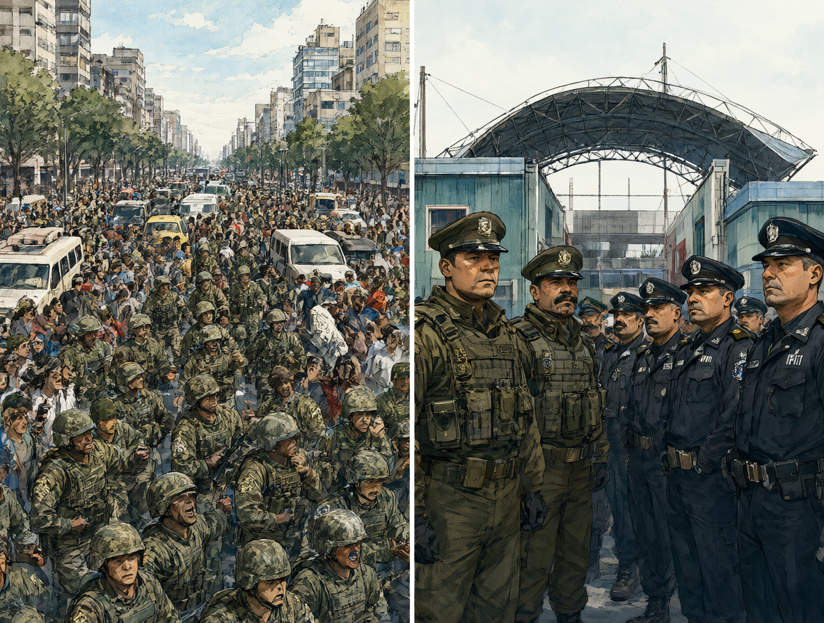 Ilustración dividida que contrasta la presencia histórica de militares en las calles con su uso moderno enfocado en fronteras e infraestructura crítica.