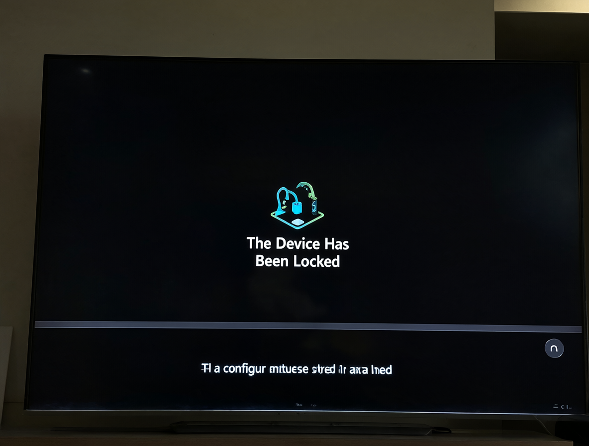 Pantalla de bloqueo de un televisor mostrando el mensaje 'The Device Has Been Locked' y el botón para ir a la configuración de red.
