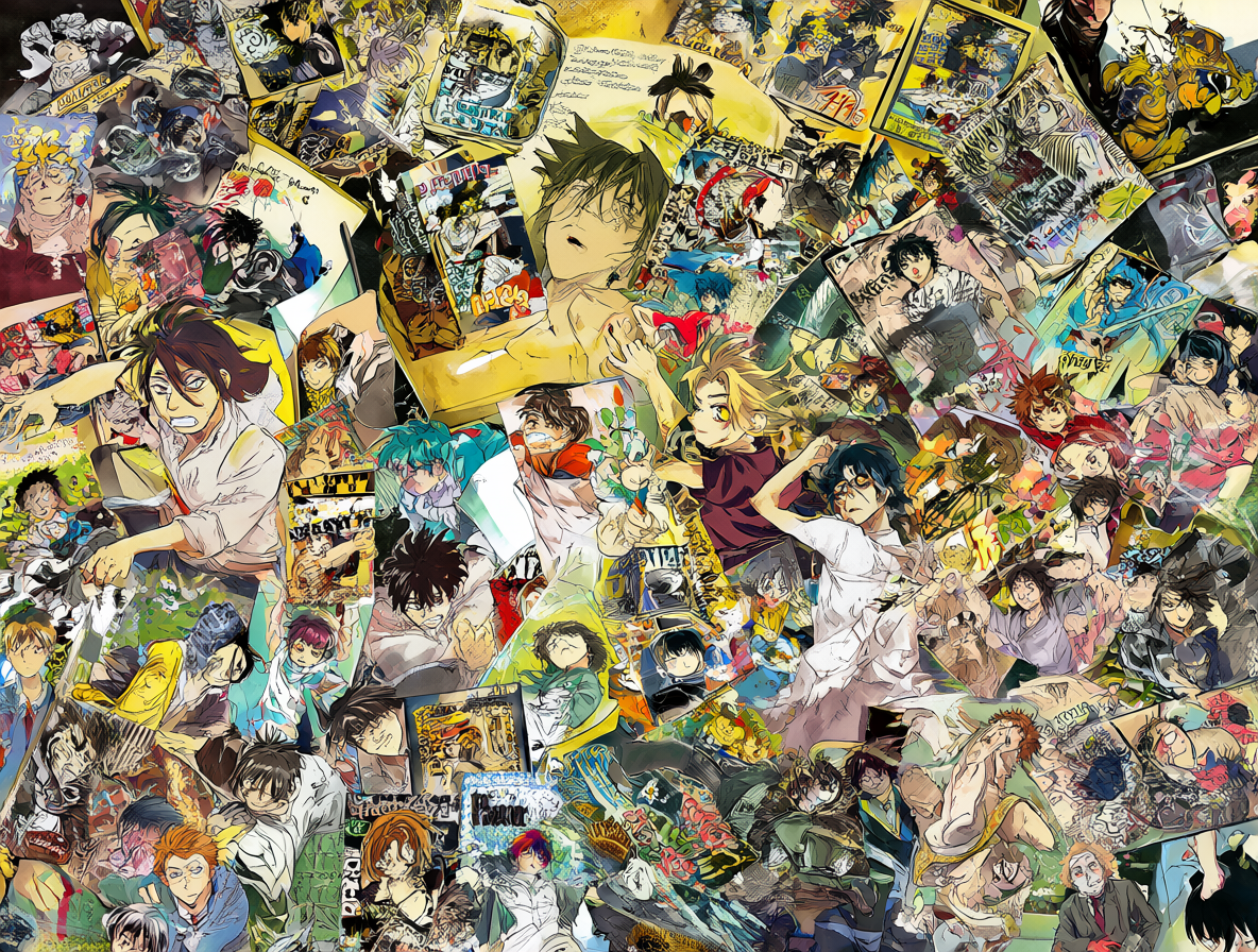 Ilustración vibrante mostrando un estudio de animación y fans rodeados de portadas de mangas antiguos y sus nuevas adaptaciones al anime.