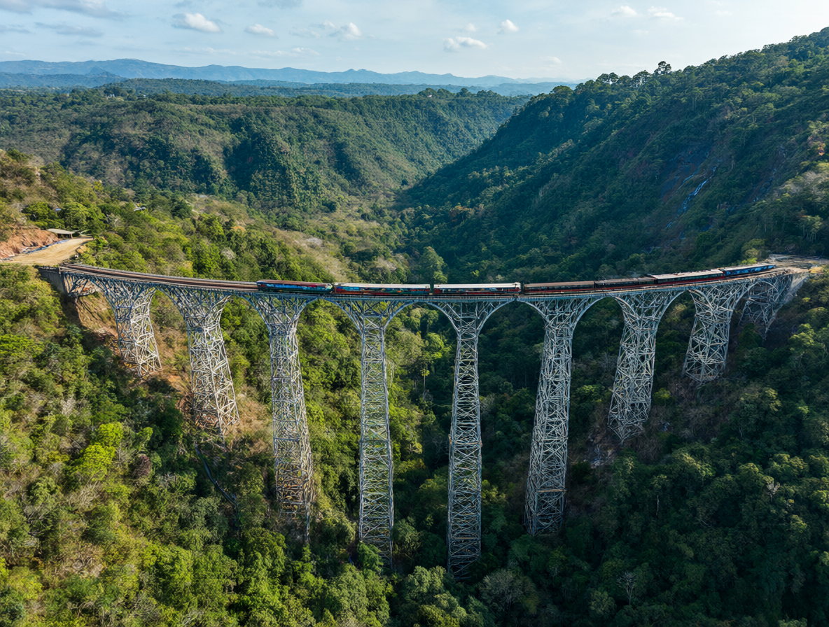 Vista aérea del viaducto Gokteik con un tren en la estructura metálica