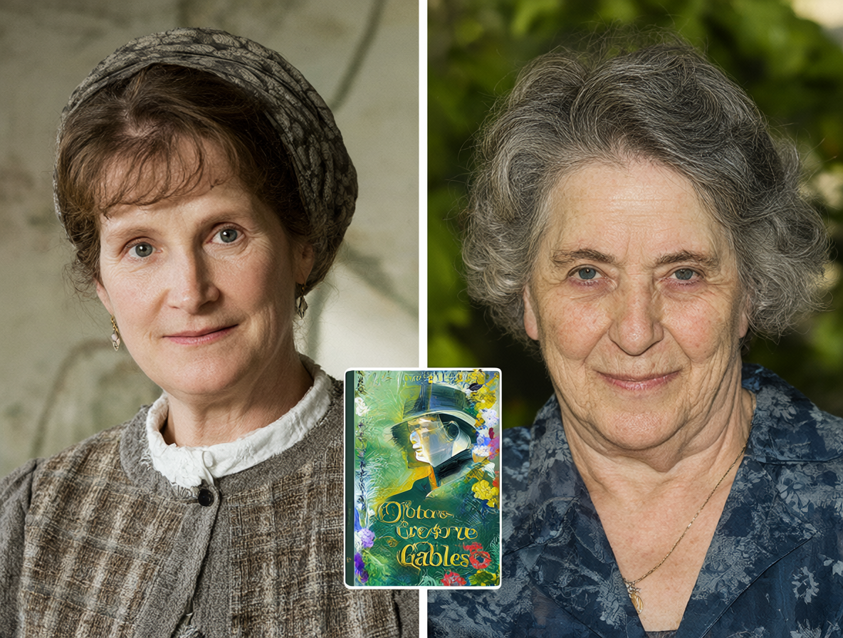 Lucy Maud Montgomery y Budge Wilson junto con la portada del libro