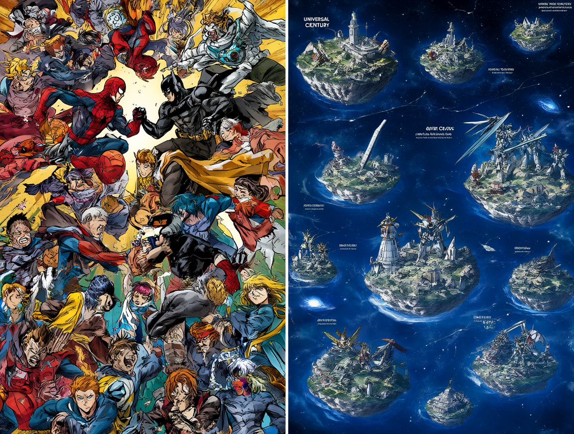Split screen showing crossover comics versus isolated anime universes