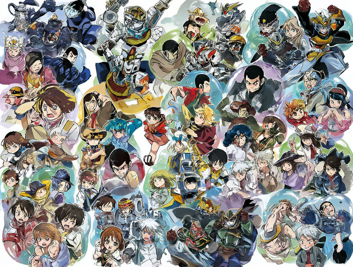 Collage of anime characters from separate franchise universes