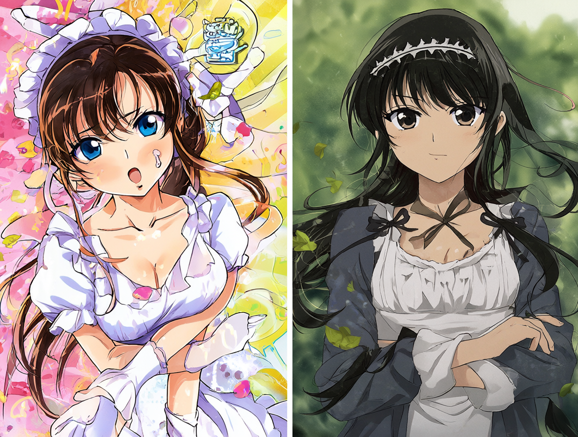 Comparison of the two Hanaukyou Maid-tai anime versions side by side.