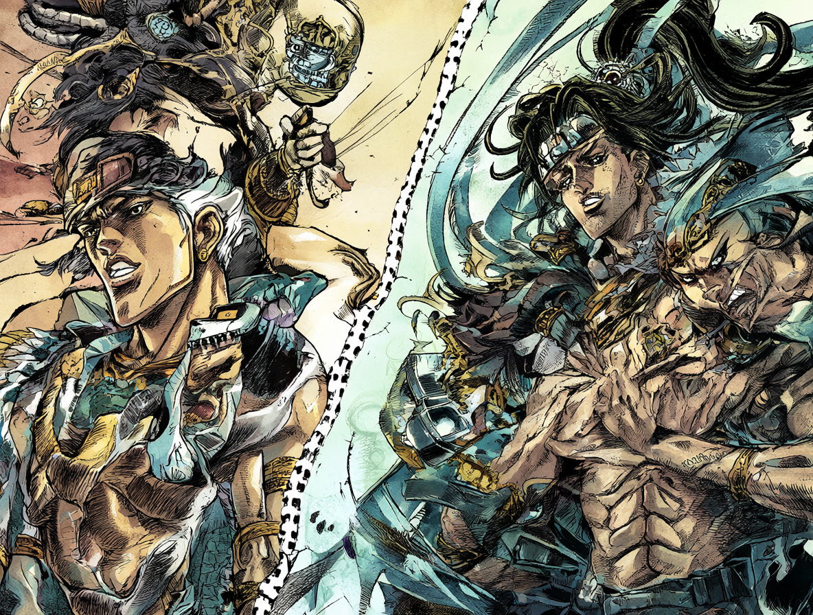 Representación gráfica del cambio de universo entre Stone Ocean y Steel Ball Run en la saga JoJo's Bizarre Adventure.