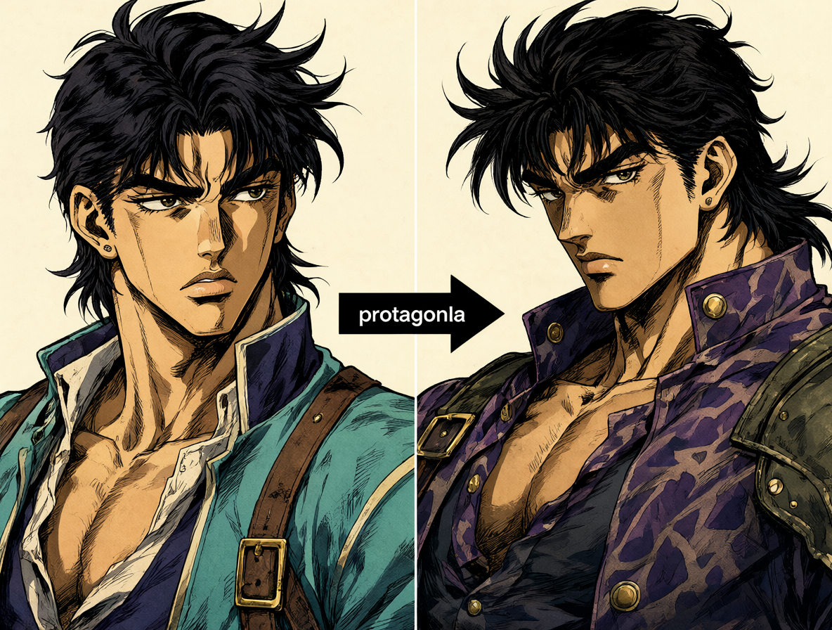 Imagen que muestra cómo cambia el protagonista principal entre Jonathan Joestar en la Parte 1 y Joseph Joestar en la Parte 2.