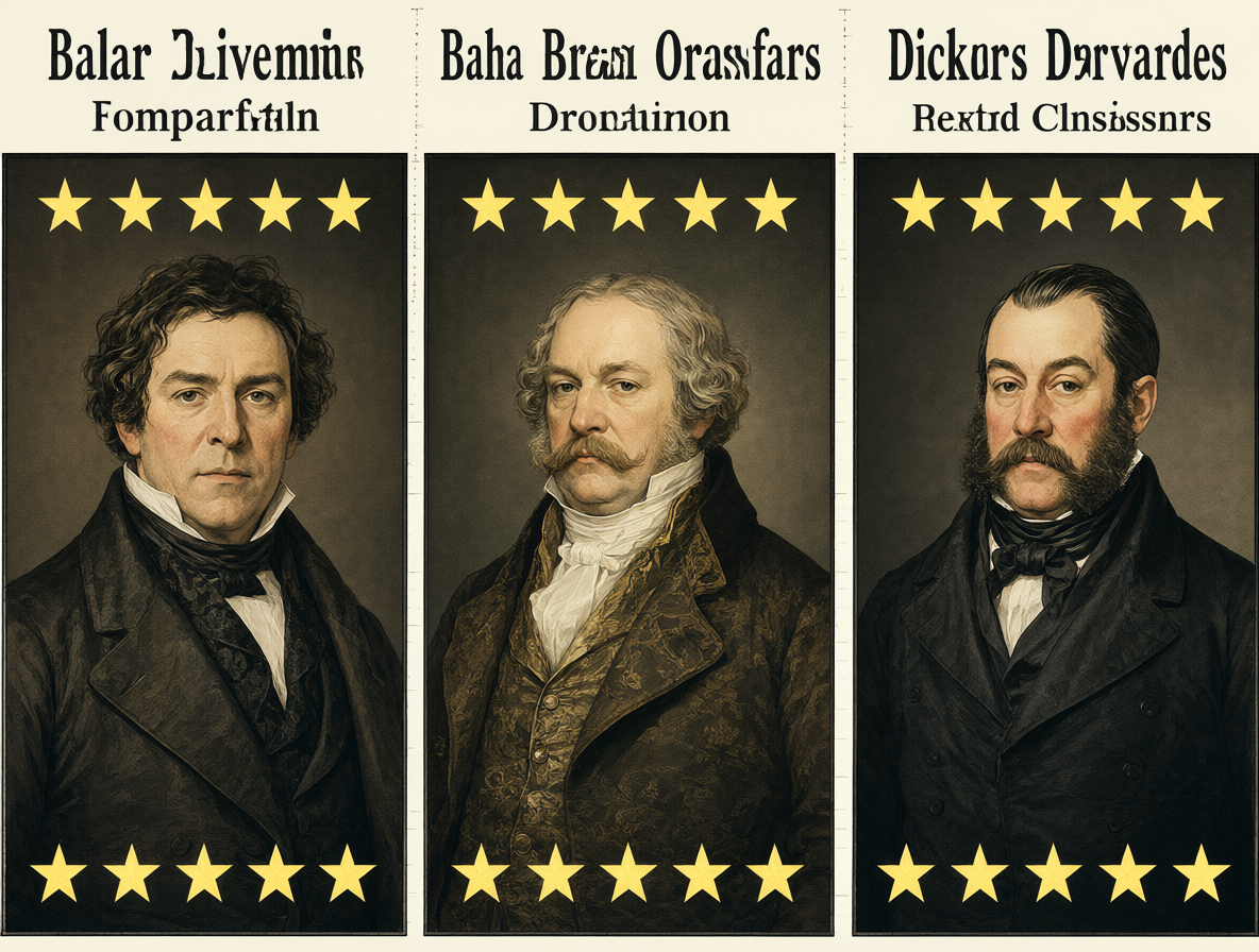 Diagrama comparativo mostrando tres columnas: Balzac, Dumas y Dickens. Cada columna tiene una escala de estrellas para mostrar su nivel de universo compartido.