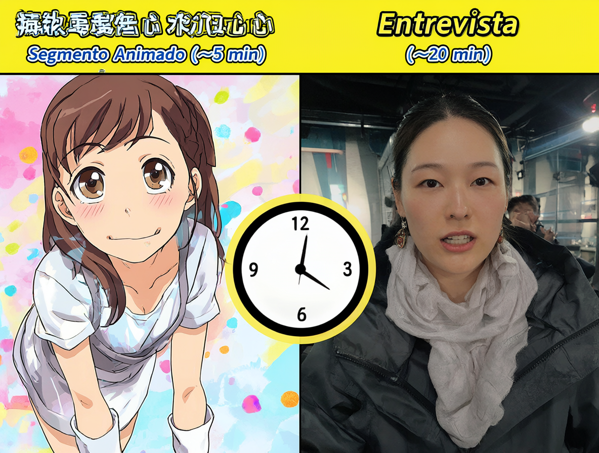 Infografía mostrando la división de los episodios de Rinshi!! Ekoda-chan en segmentos animados y entrevistas.