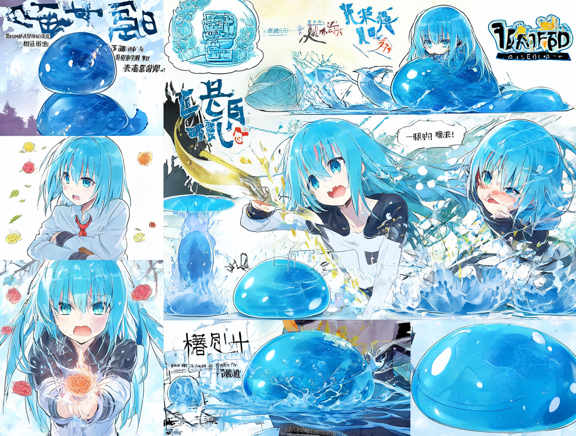 Collage artístico de Rimuru, las novelas ligeras y el logo del anime