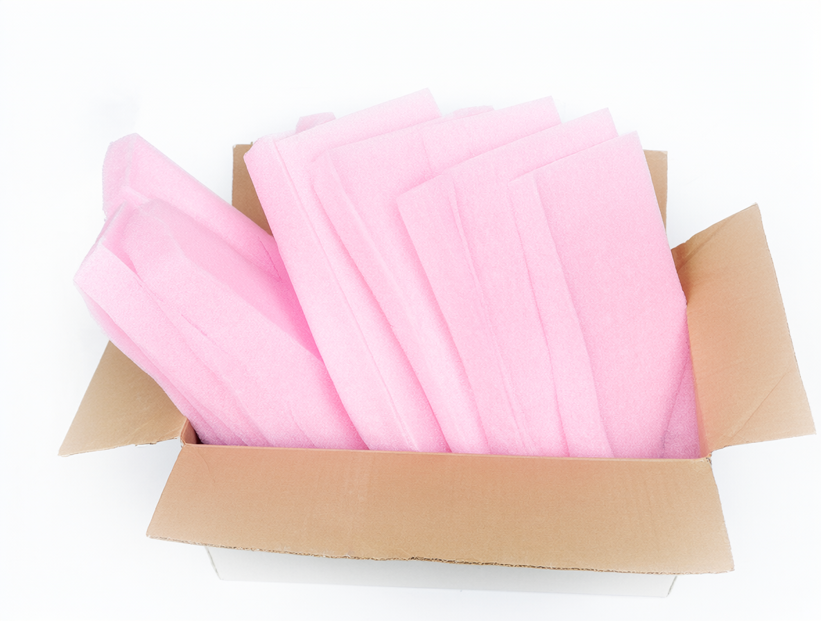 Muestra una caja abierta llena de planchas de espuma rosa sobre fondo blanco.