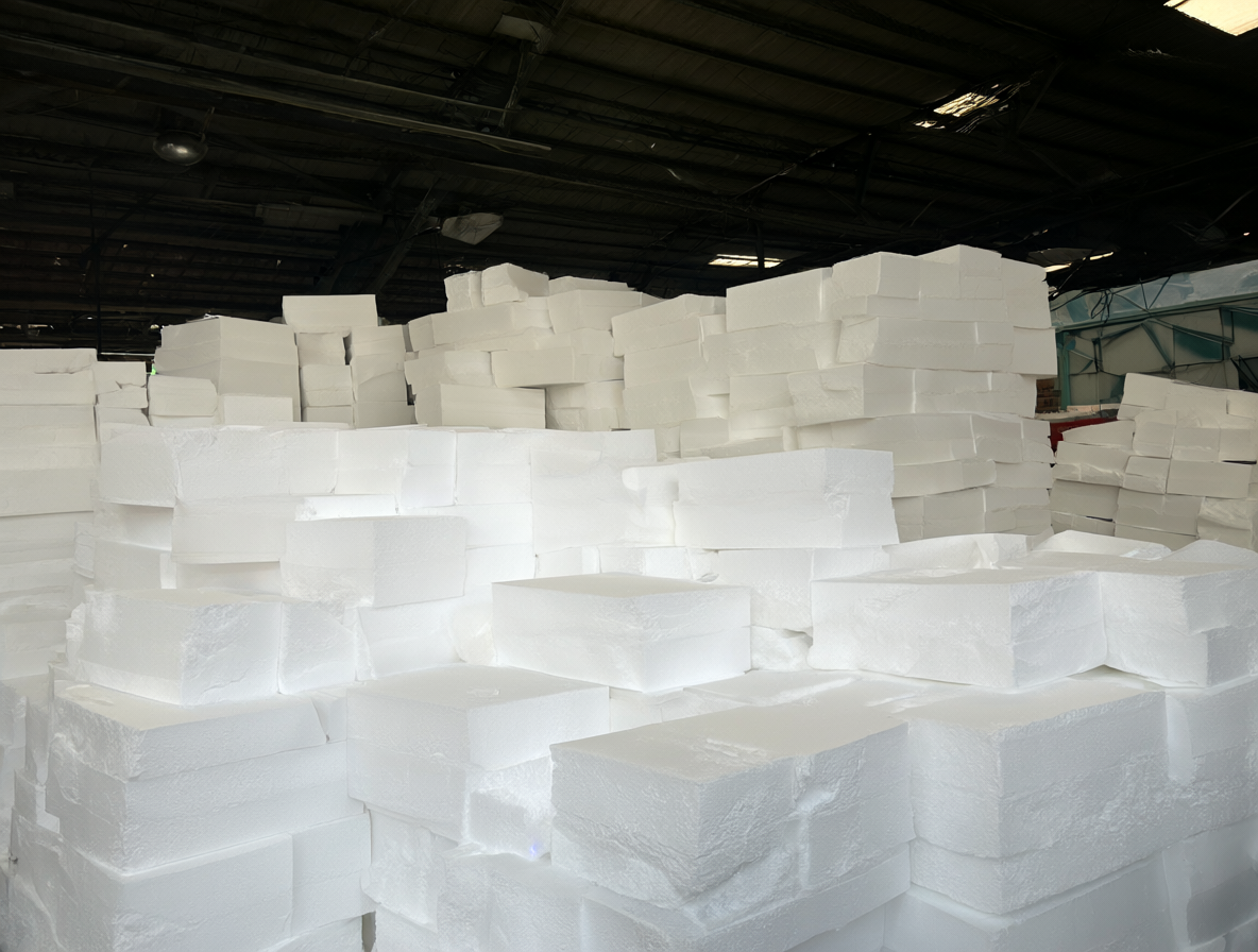 Vista de un almacén con bloques de espuma blanca apilados para mostrar su gran volumen