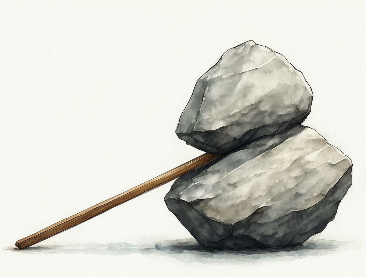 Ilustración de un apalancamiento financiero representado por una palanca levantando una roca gigante, simbolizando el poder económico y la fragilidad del sistema.