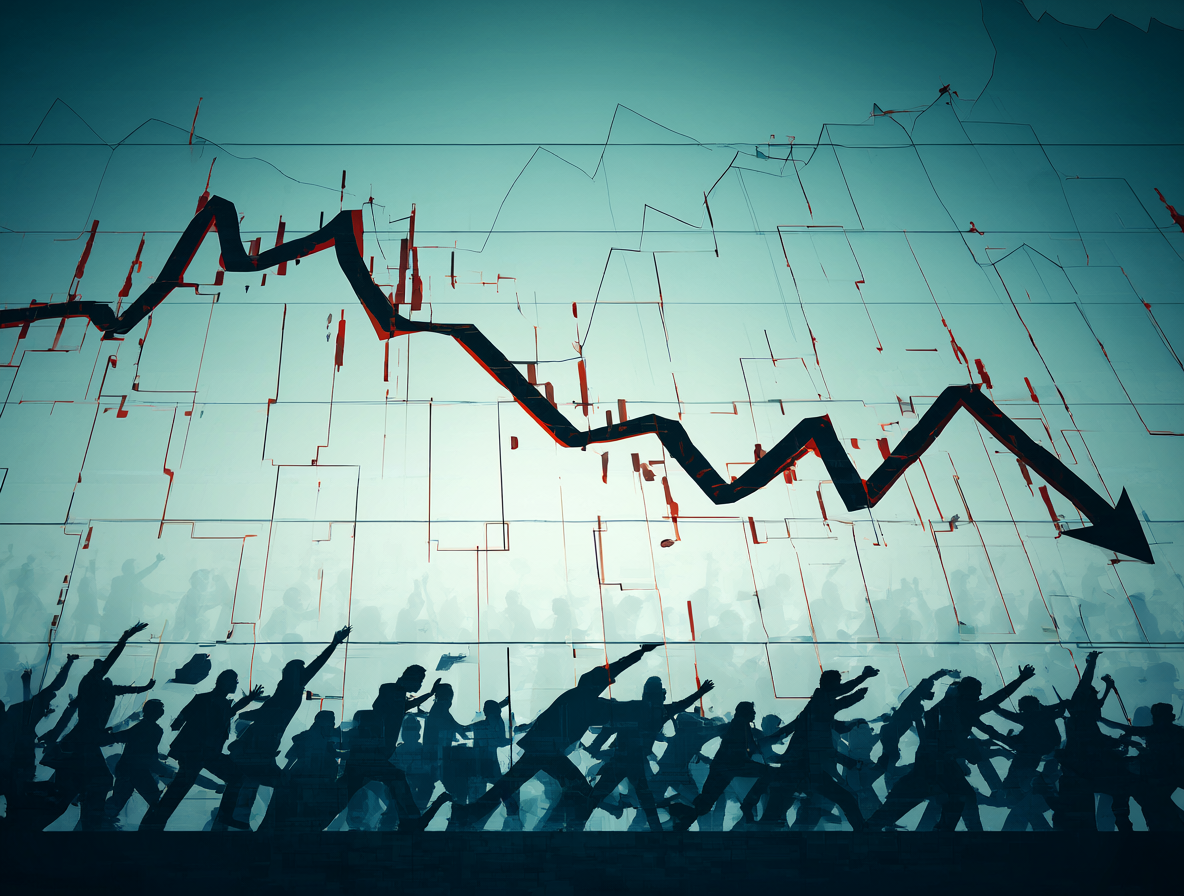 Gráfico dividido mostrando el gráfico de tendencias hacia abajo con siluetas de inversionistas huyendo de un mercado en colapso.